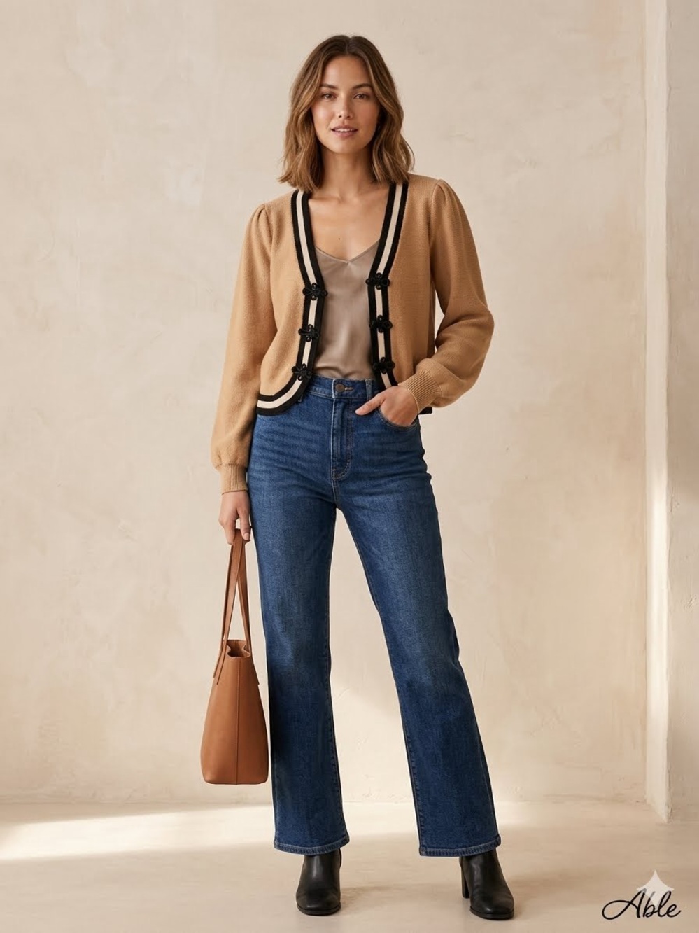 Beige Cropped Cardigan Sweater with Black & Cream Trim